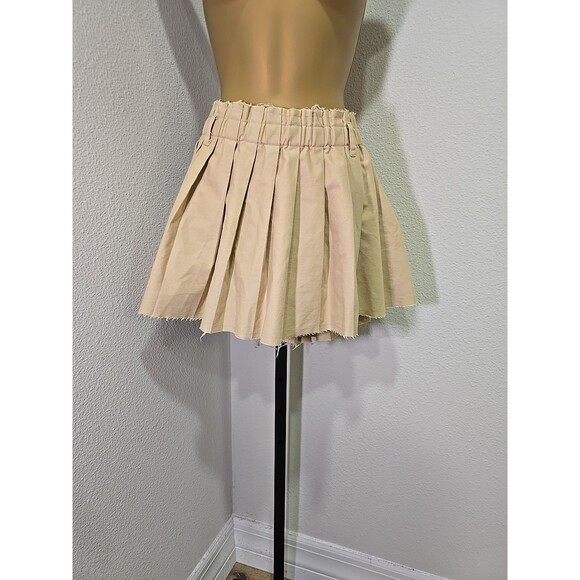 Y2K Paperbag Pleated Mini Skirt Womens Med Grunge Beige Raw Hem Skater Divided - Picture 7 of 7